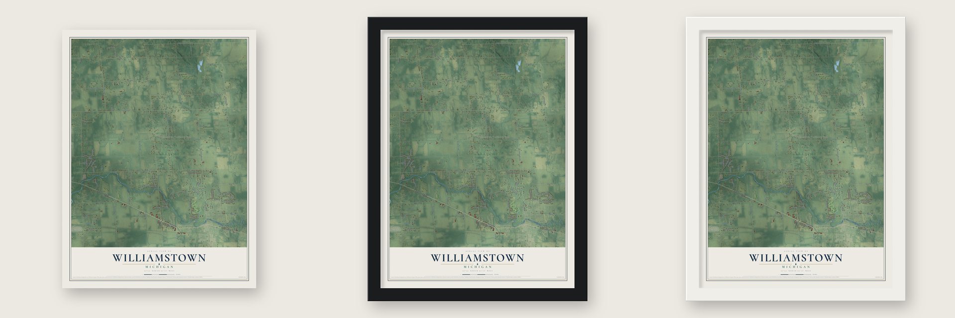 Williamstown, Michigan map unframed, in a black wood frame and in a white wood frame