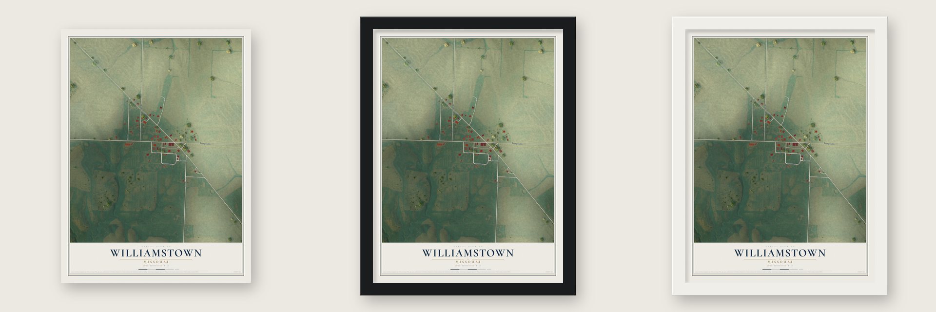 Williamstown, Missouri map unframed, in a black wood frame and in a white wood frame