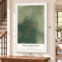 Williamstown, Missouri map, 24 x 36 inch print in a white frame by a staircase