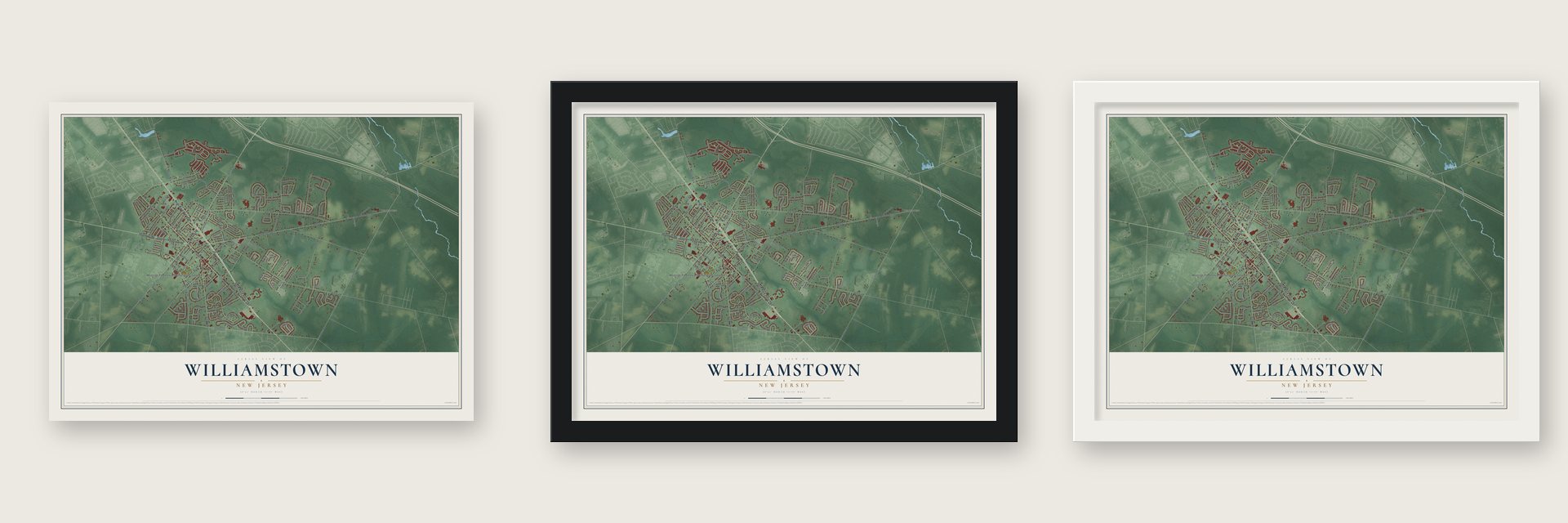 Williamstown, New Jersey map unframed, in a black wood frame and in a white wood frame