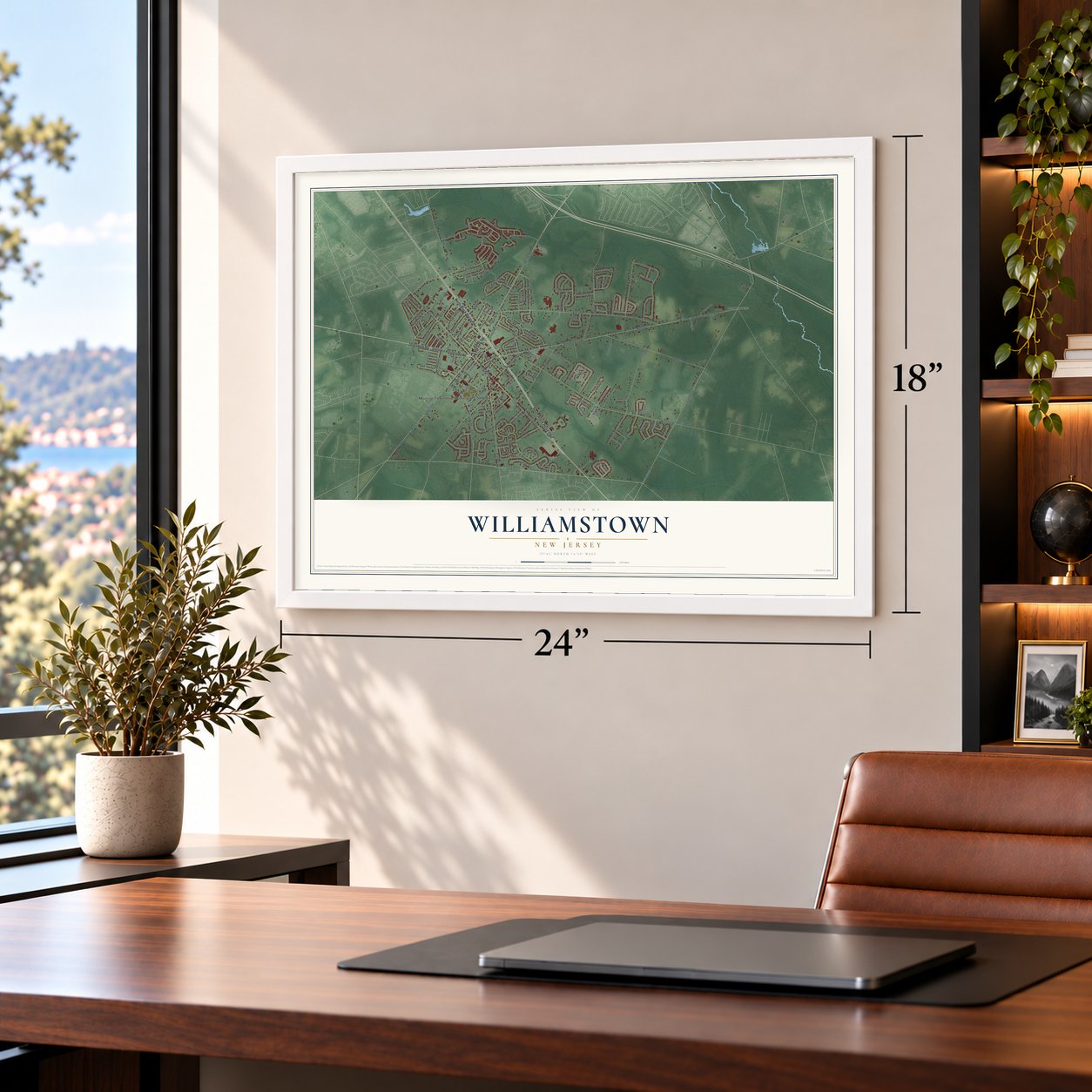 Williamstown, New Jersey map, 18 x 24 inch print in a white frame in a home office