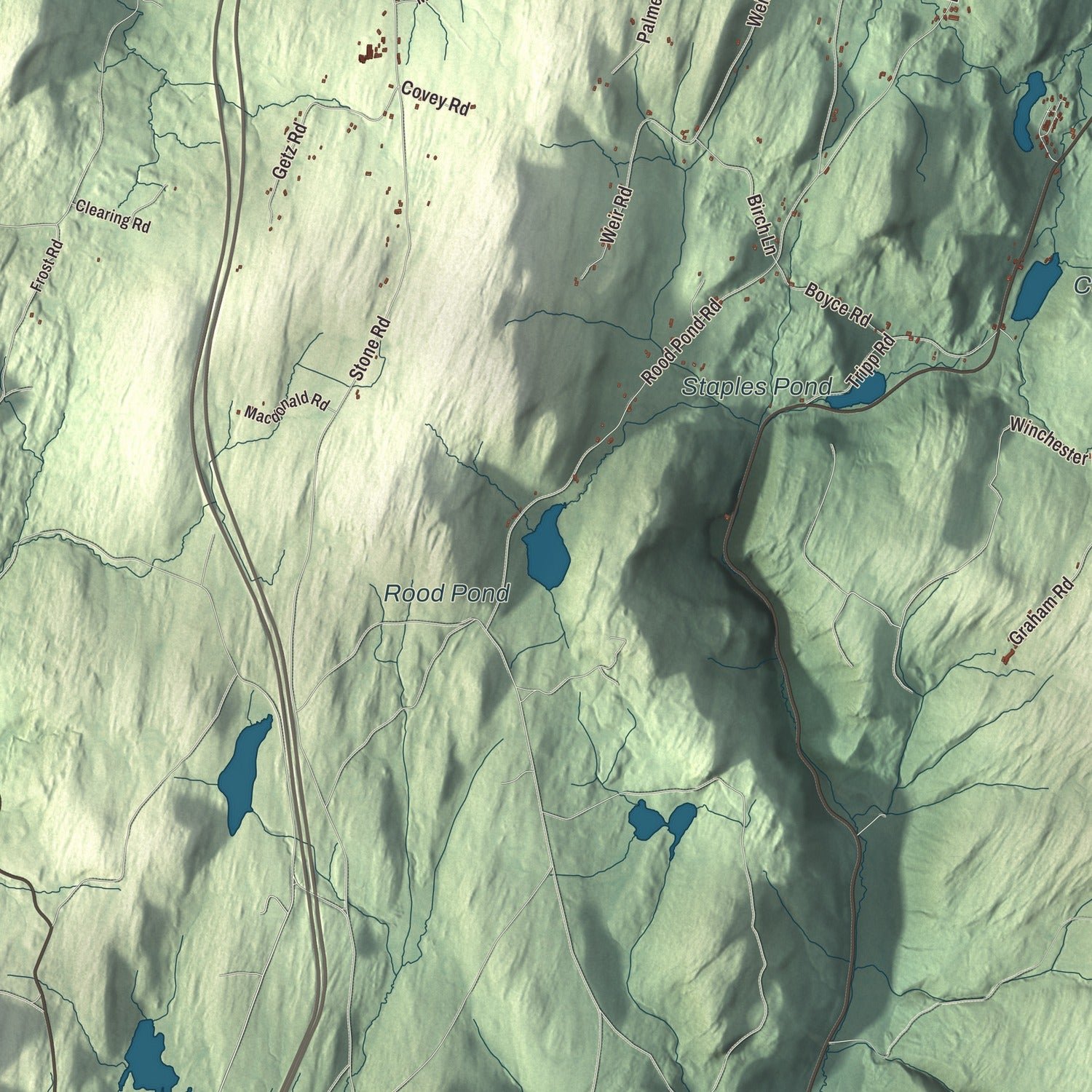 Close-up of the map of Williamstown, Vermont print showing terrain and local geography
