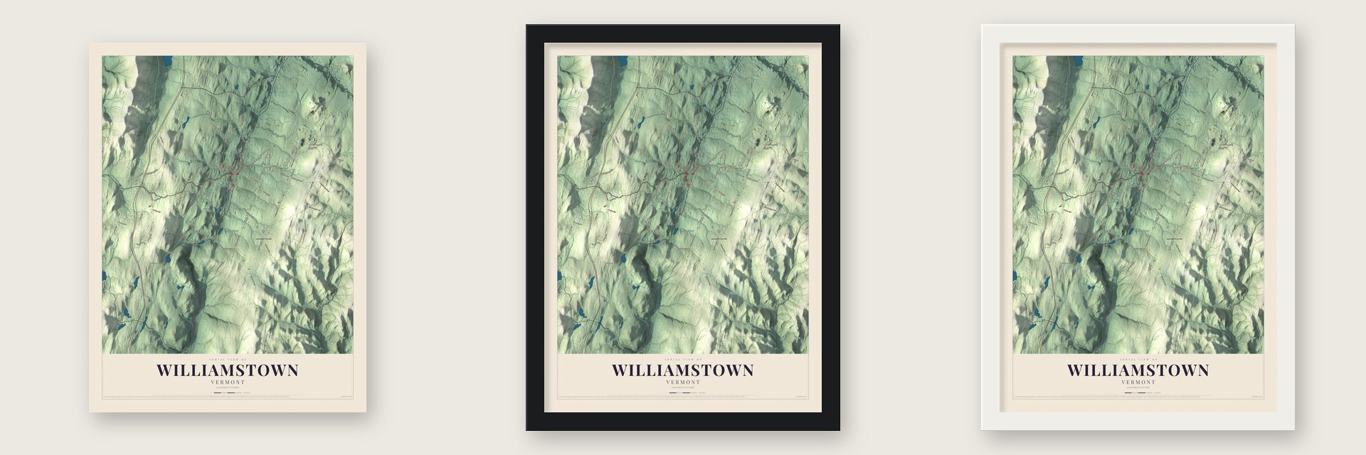 Williamstown, Vermont map unframed, in a black wood frame and in a white wood frame