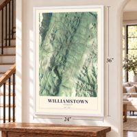 Williamstown, Vermont map, 24 x 36 inch print in a white frame by a staircase