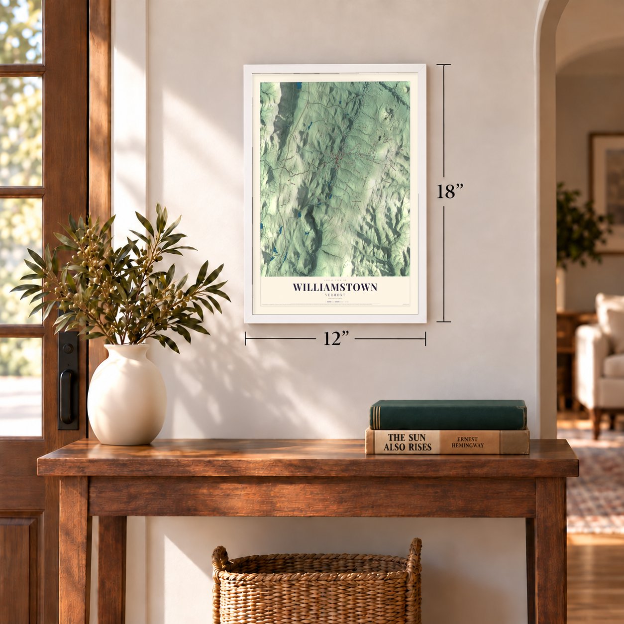 Williamstown, Vermont map, 12 x 18 inch print in a white frame in an entryway