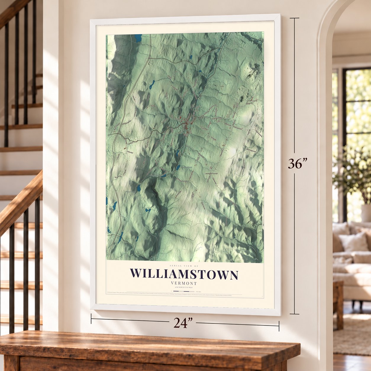 Williamstown, Vermont map, 24 x 36 inch print in a white frame by a staircase