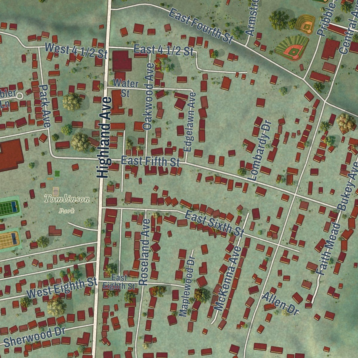 Second close-up of the map of Williamstown, West Virginia print showing more streets and buildings