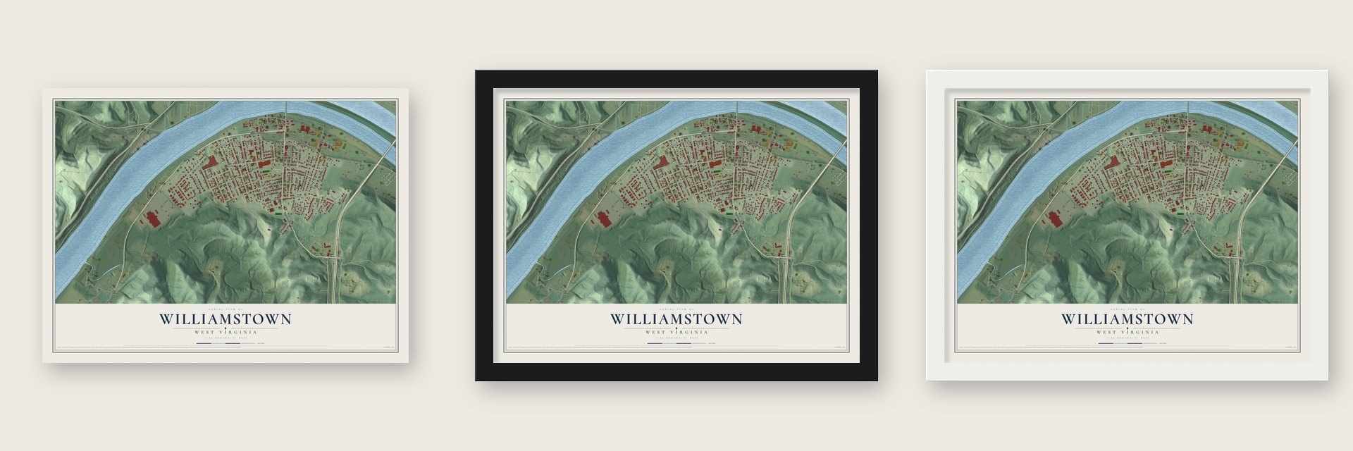 Williamstown, West Virginia map unframed, in a black wood frame and in a white wood frame