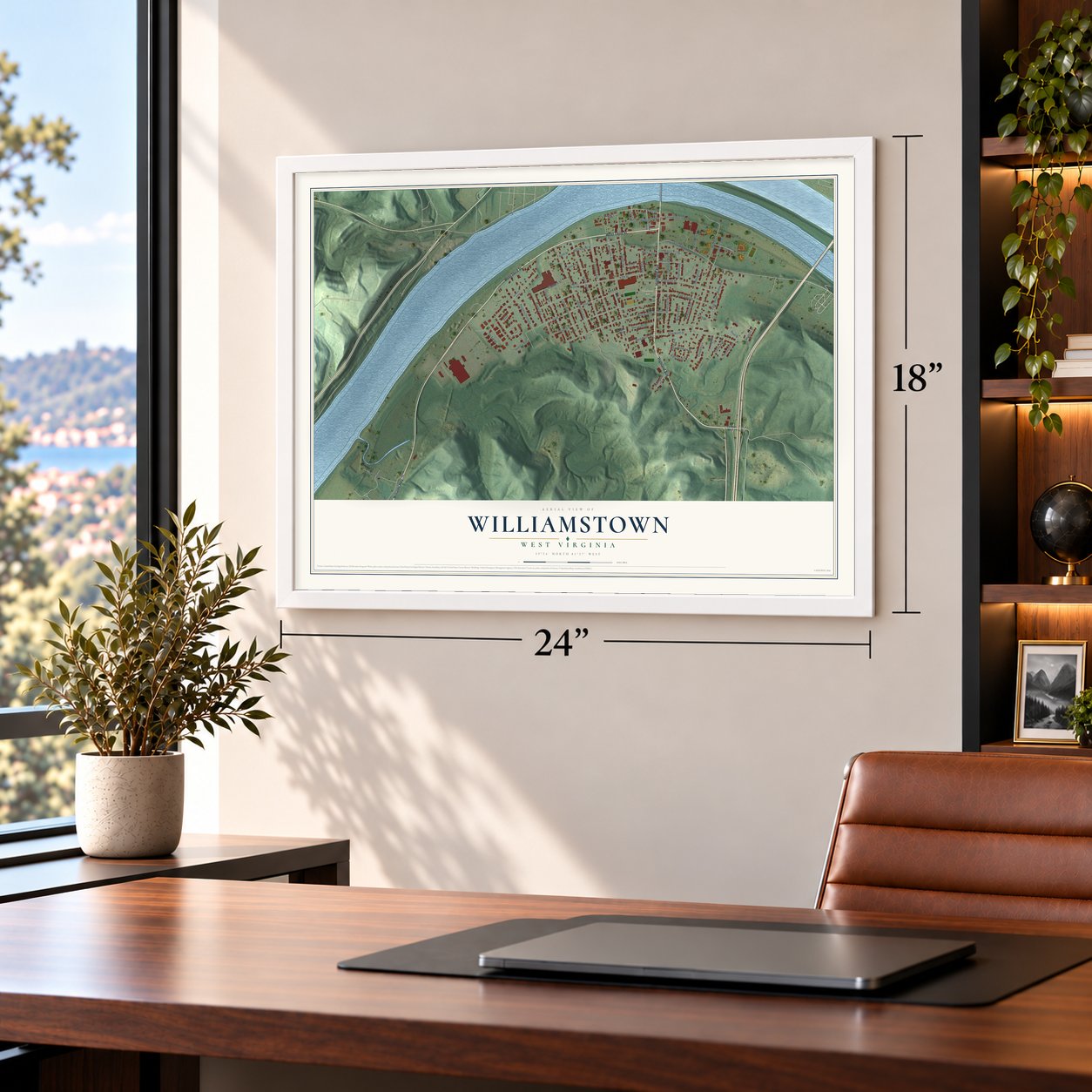 Williamstown, West Virginia map, 18 x 24 inch print in a white frame in a home office