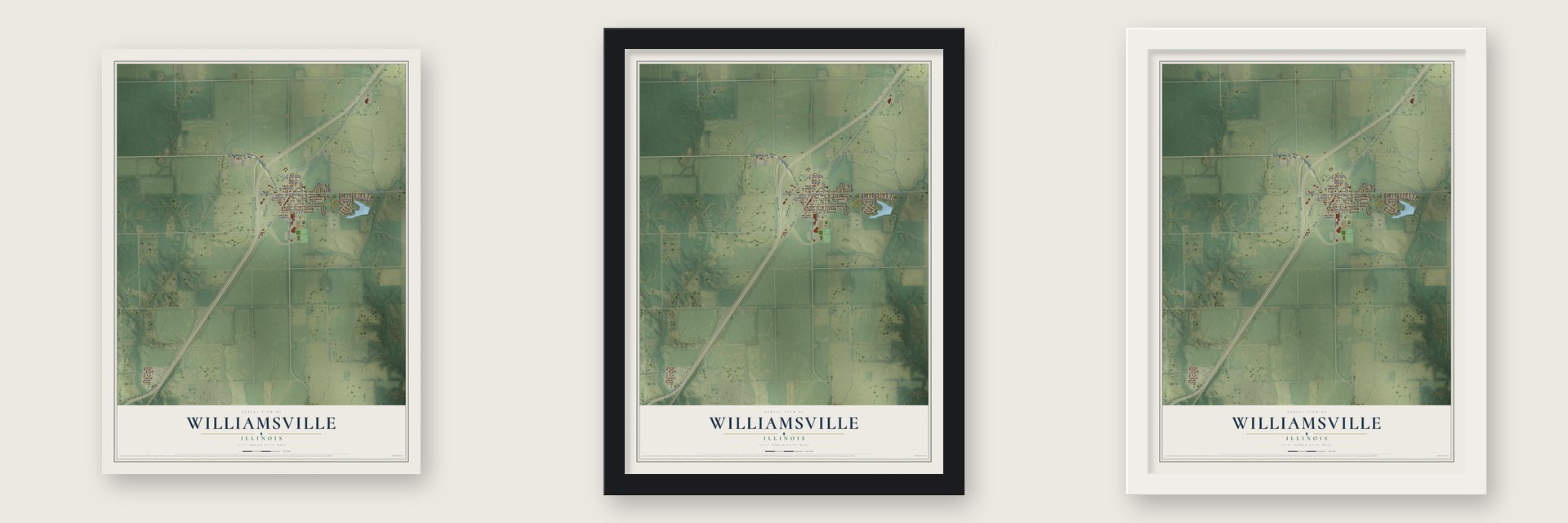 Williamsville, Illinois map unframed, in a black wood frame and in a white wood frame