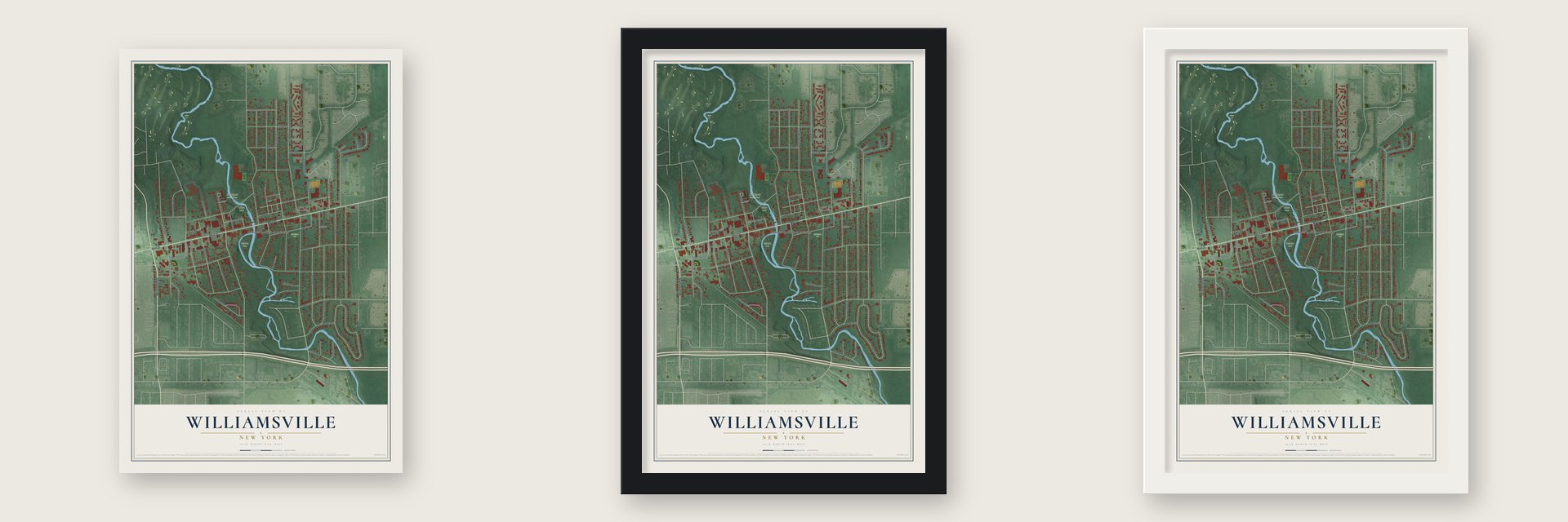 Williamsville, New York map unframed, in a black wood frame and in a white wood frame