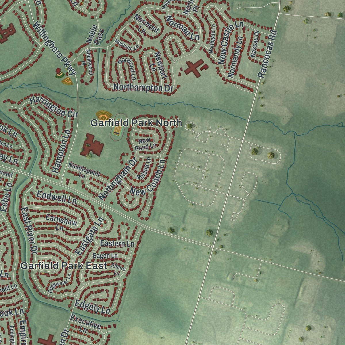 Second close-up of the map of Willingboro, New Jersey print showing more streets and buildings