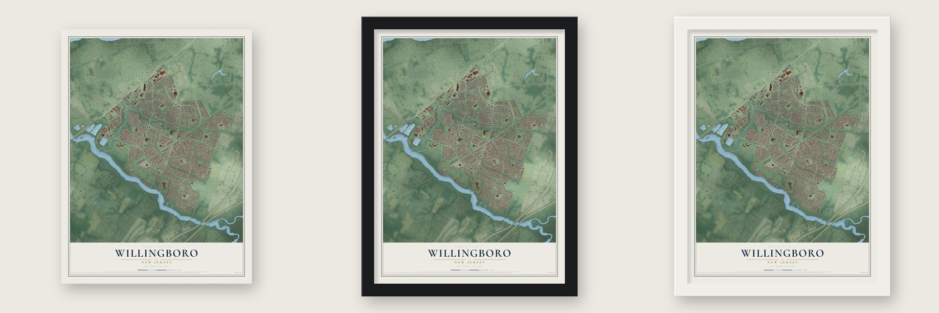 Willingboro, New Jersey map unframed, in a black wood frame and in a white wood frame