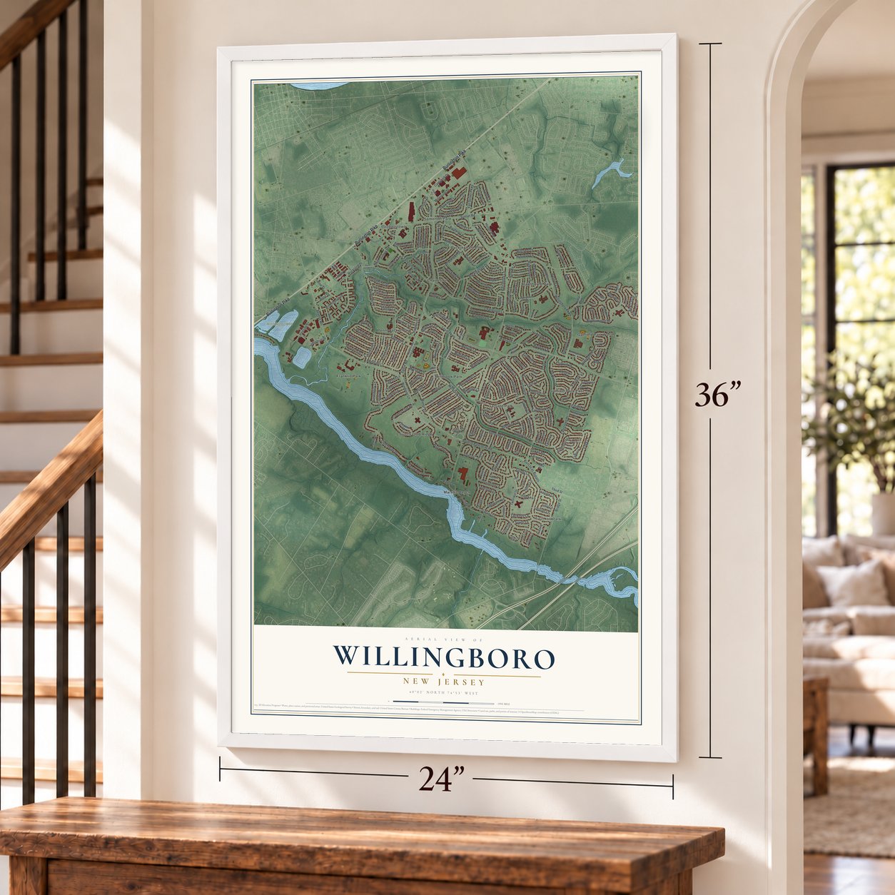 Willingboro, New Jersey map, 24 x 36 inch print in a white frame by a staircase