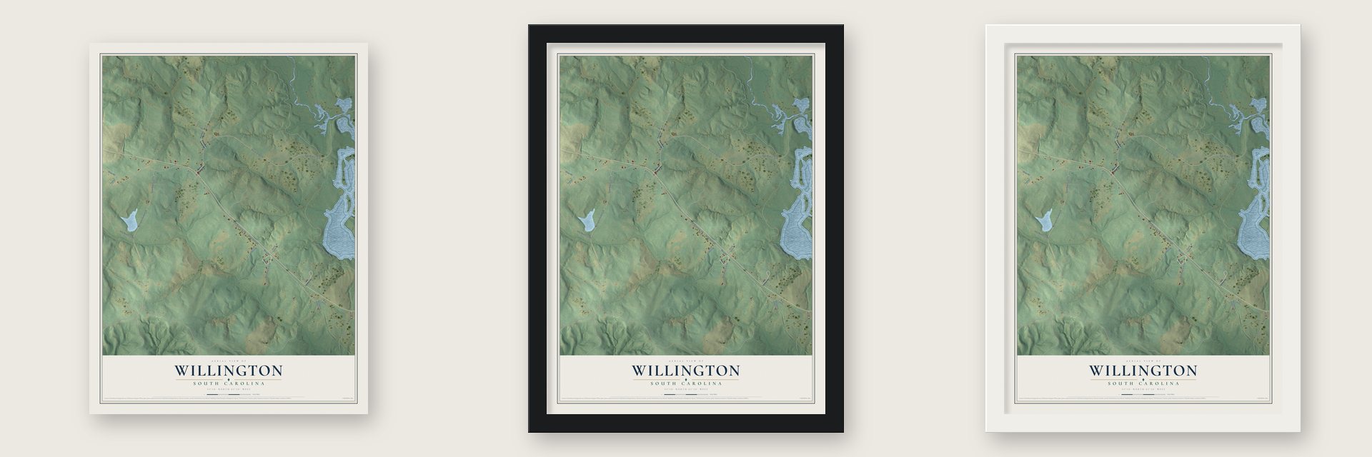 Willington, South Carolina map unframed, in a black wood frame and in a white wood frame