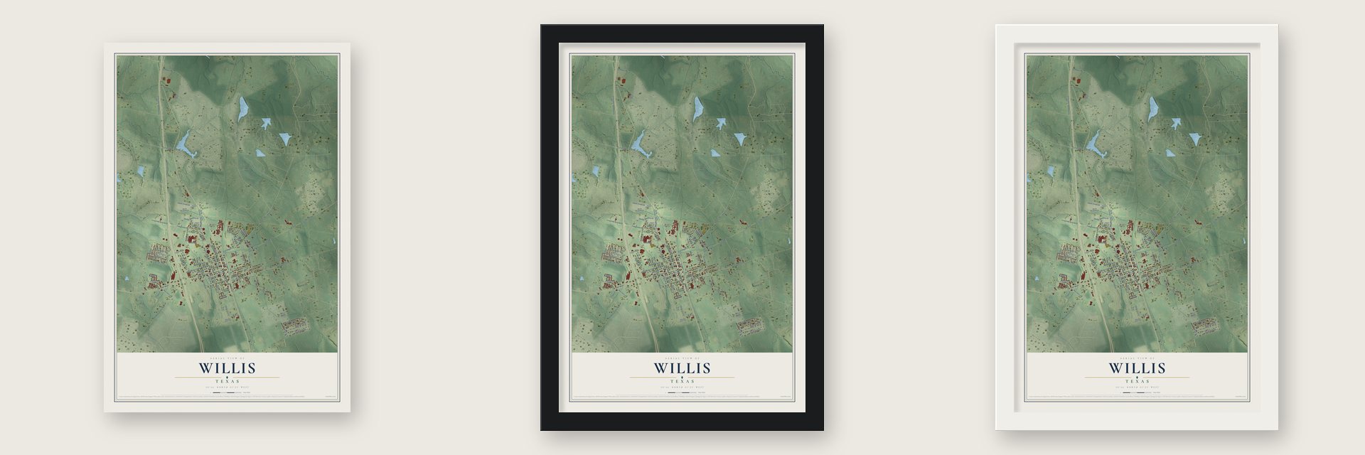 Willis, Texas map unframed, in a black wood frame and in a white wood frame