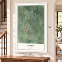 Willis, Texas map, 24 x 36 inch print in a white frame by a staircase