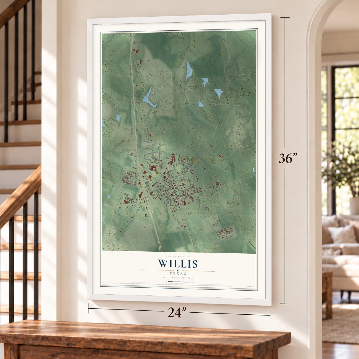 Willis, Texas map, 24 x 36 inch print in a white frame by a staircase