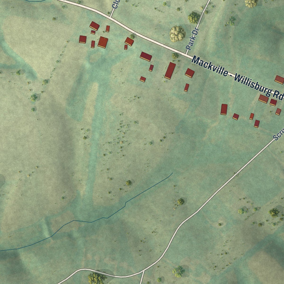 Second close-up of the map of Willisburg, Kentucky print showing more streets and buildings