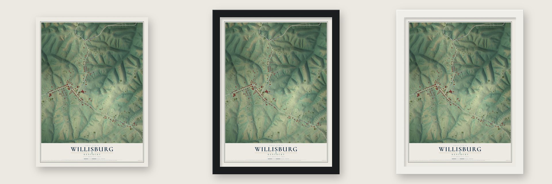 Willisburg, Kentucky map unframed, in a black wood frame and in a white wood frame