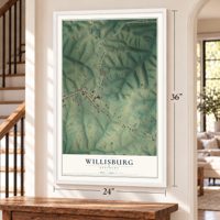 Willisburg, Kentucky map, 24 x 36 inch print in a white frame by a staircase