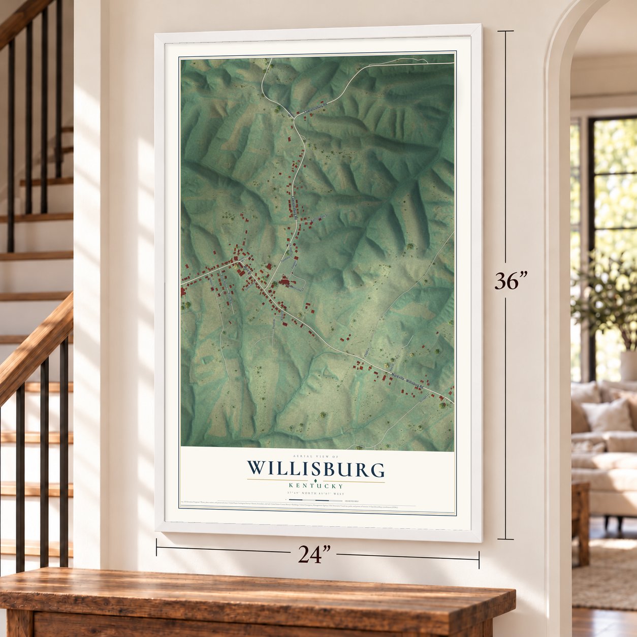 Willisburg, Kentucky map, 24 x 36 inch print in a white frame by a staircase