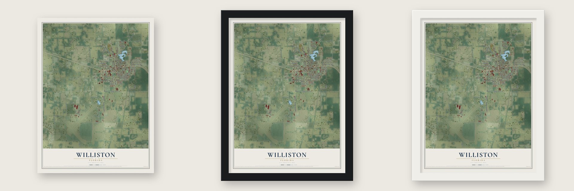 Williston, Florida map unframed, in a black wood frame and in a white wood frame