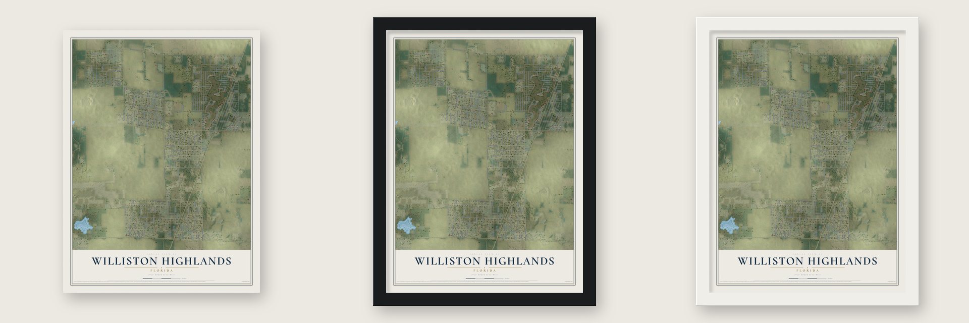 Williston Highlands, Florida map unframed, in a black wood frame and in a white wood frame
