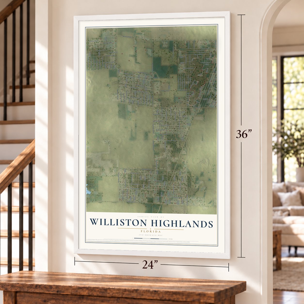 Williston Highlands, Florida map, 24 x 36 inch print in a white frame by a staircase