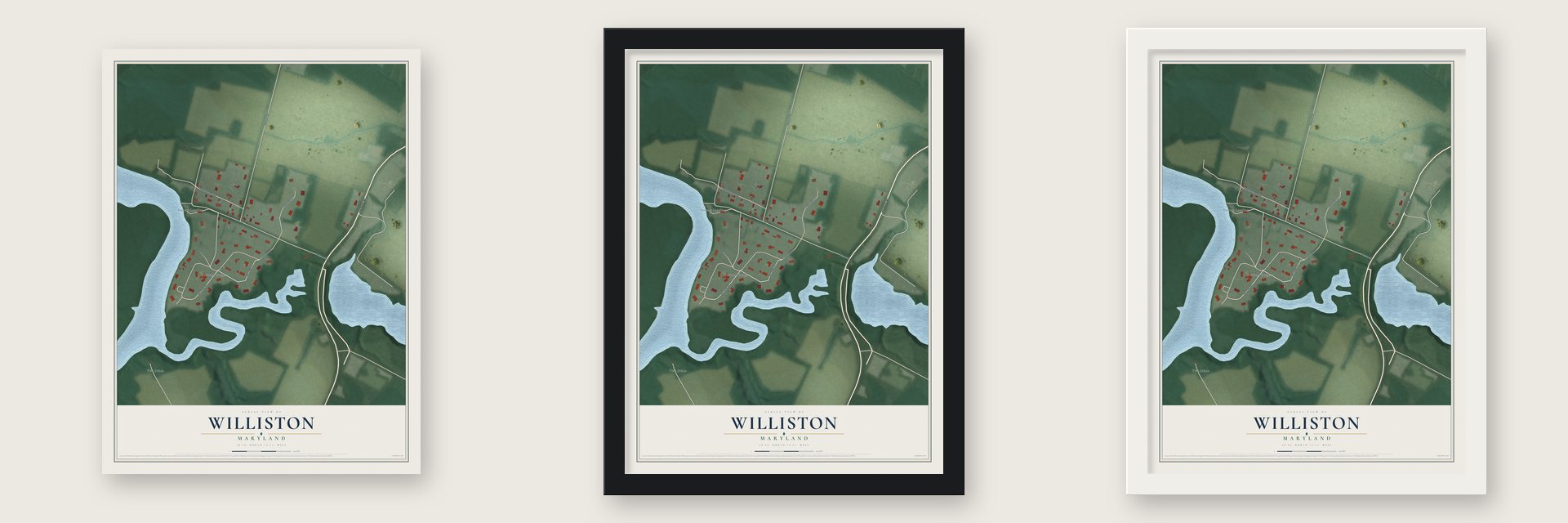 Williston, Maryland map unframed, in a black wood frame and in a white wood frame