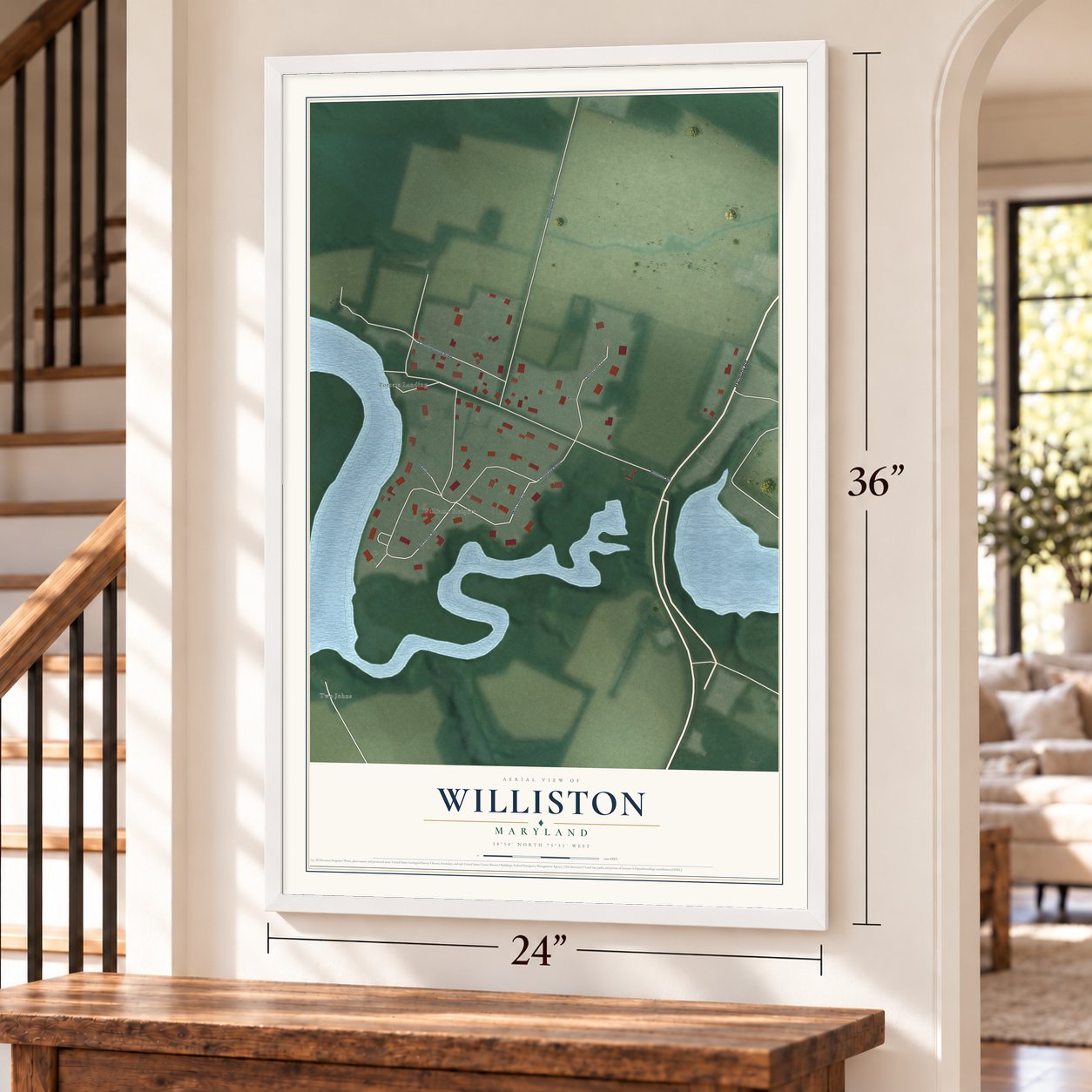 Williston, Maryland map, 24 x 36 inch print in a white frame by a staircase