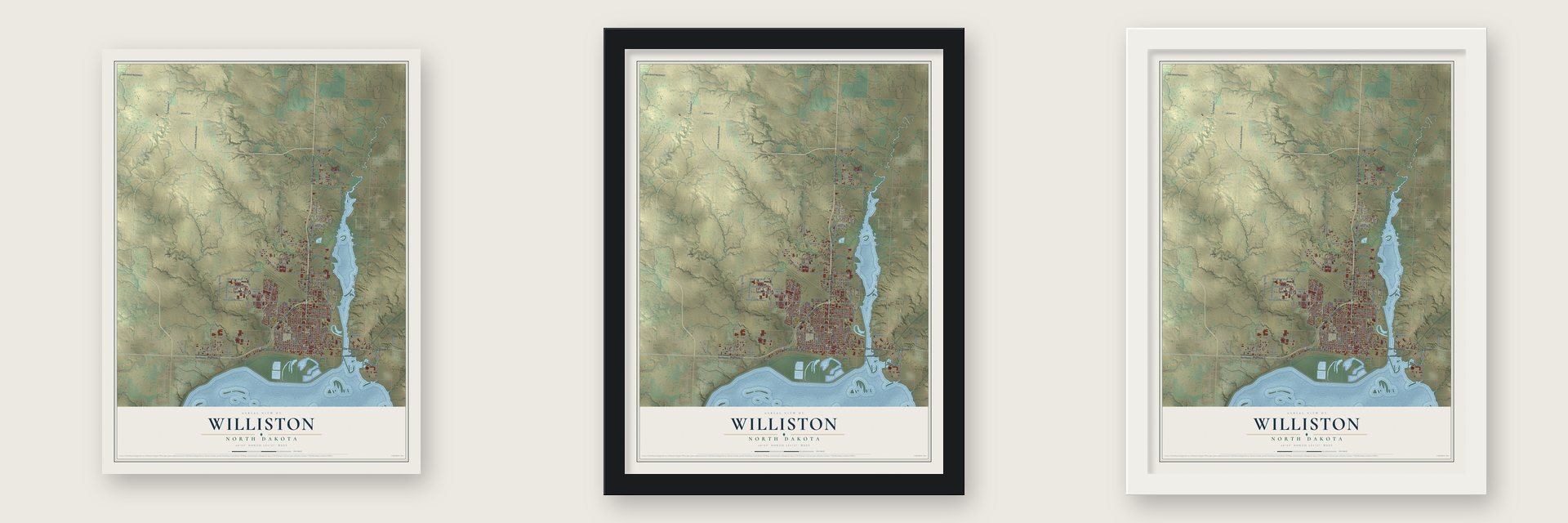 Williston, North Dakota map unframed, in a black wood frame and in a white wood frame