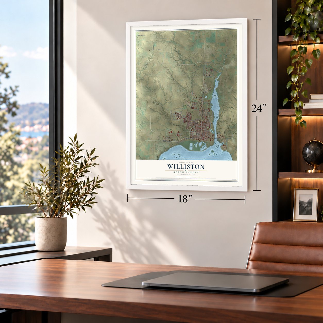 Williston, North Dakota map, 18 x 24 inch print in a white frame in a home office