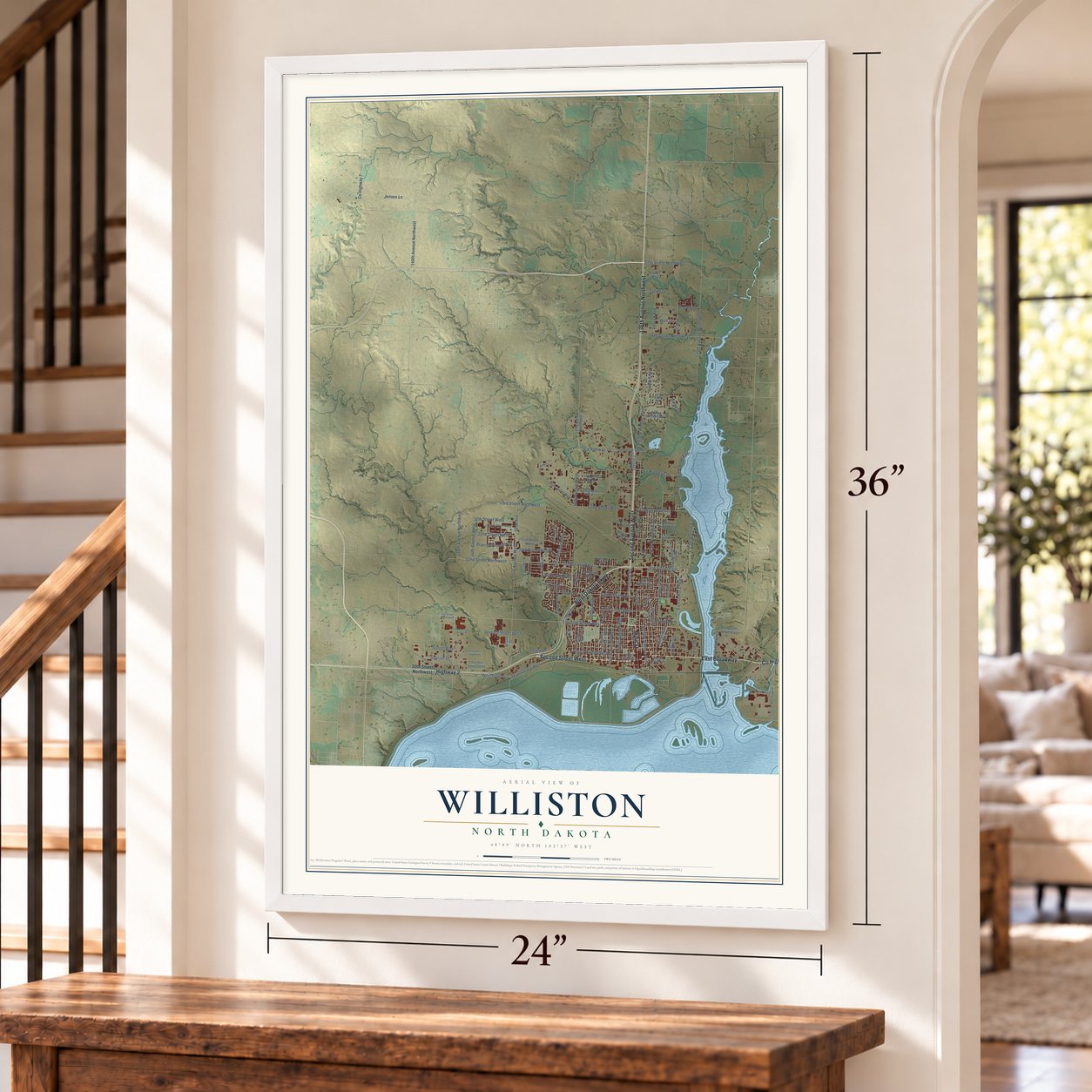 Williston, North Dakota map, 24 x 36 inch print in a white frame by a staircase