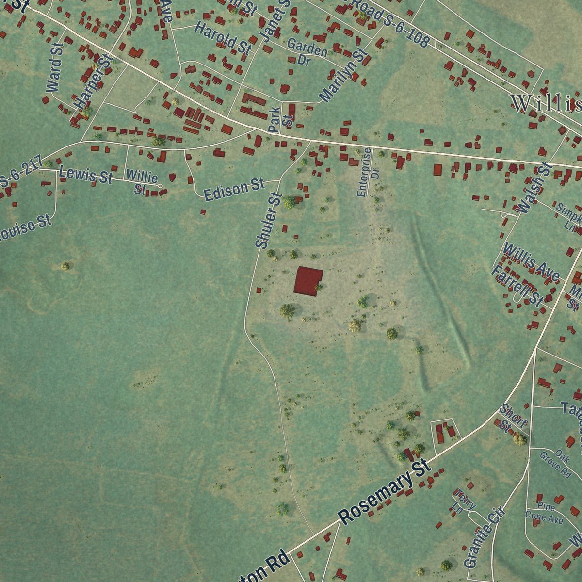 Second close-up of the map of Williston, South Carolina print showing more streets and buildings