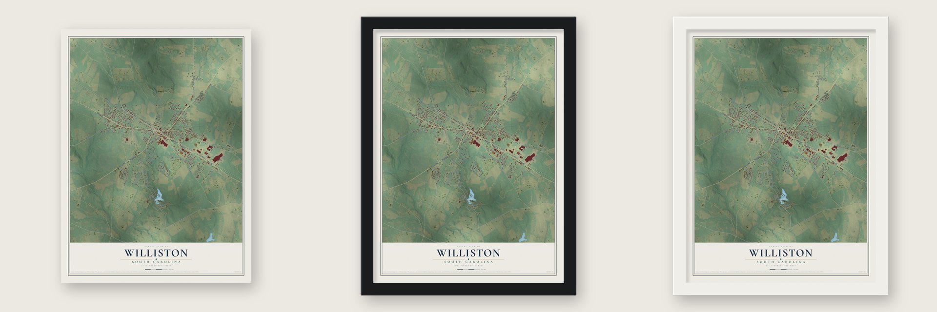 Williston, South Carolina map unframed, in a black wood frame and in a white wood frame