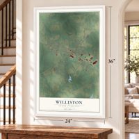 Williston, South Carolina map, 24 x 36 inch print in a white frame by a staircase