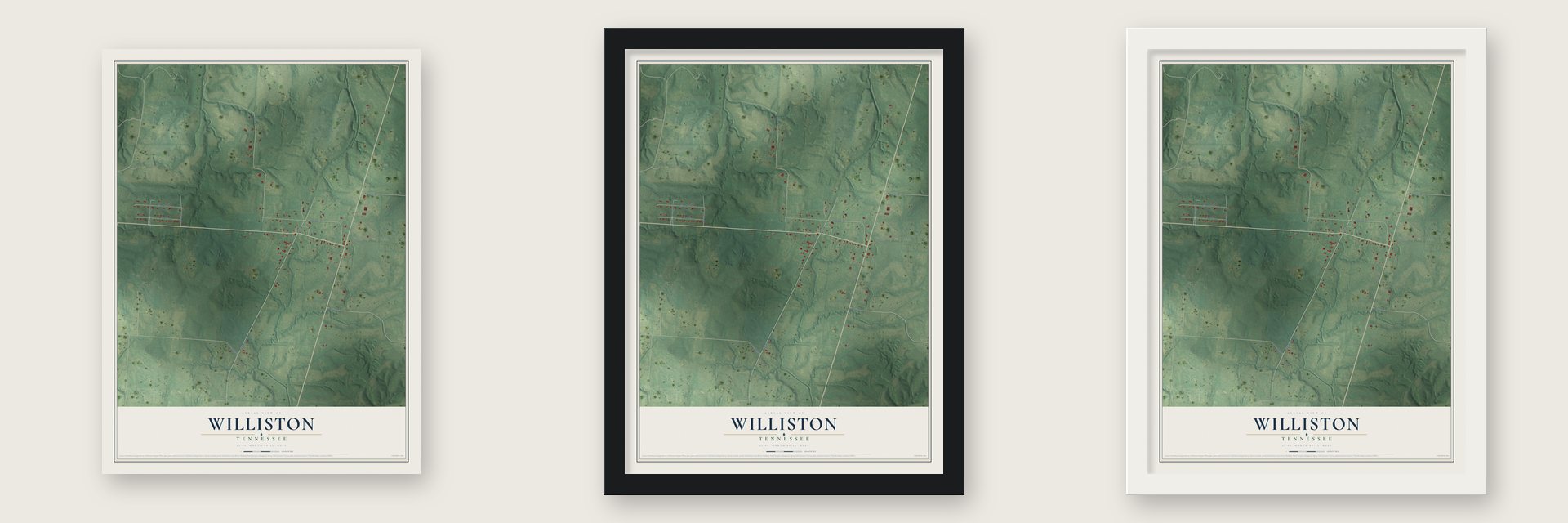 Williston, Tennessee map unframed, in a black wood frame and in a white wood frame