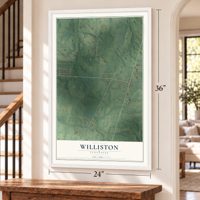 Williston, Tennessee map, 24 x 36 inch print in a white frame by a staircase