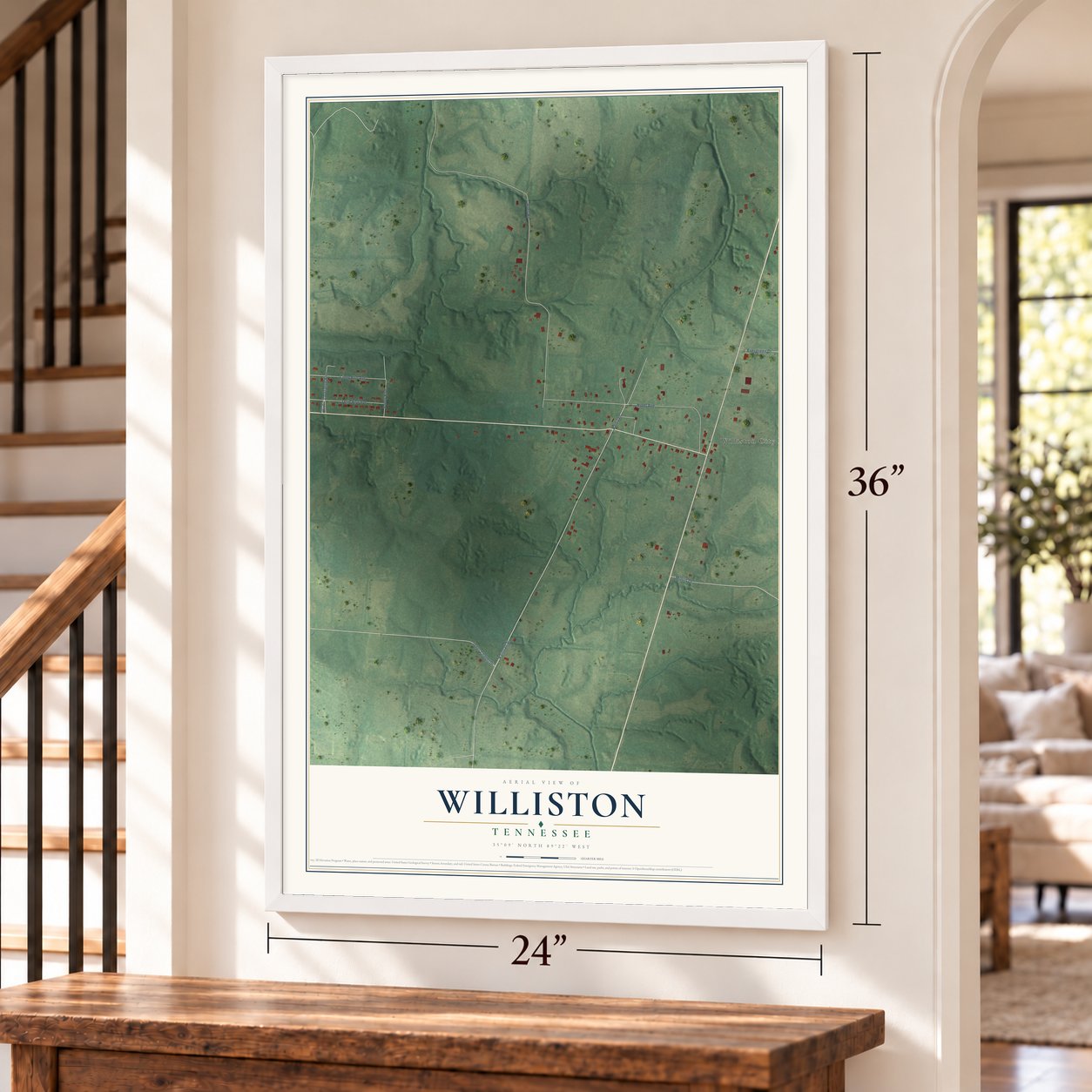 Williston, Tennessee map, 24 x 36 inch print in a white frame by a staircase