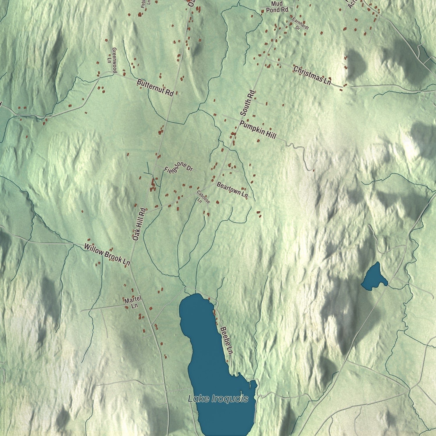 Close-up of the map of Williston, Vermont print showing terrain and local geography