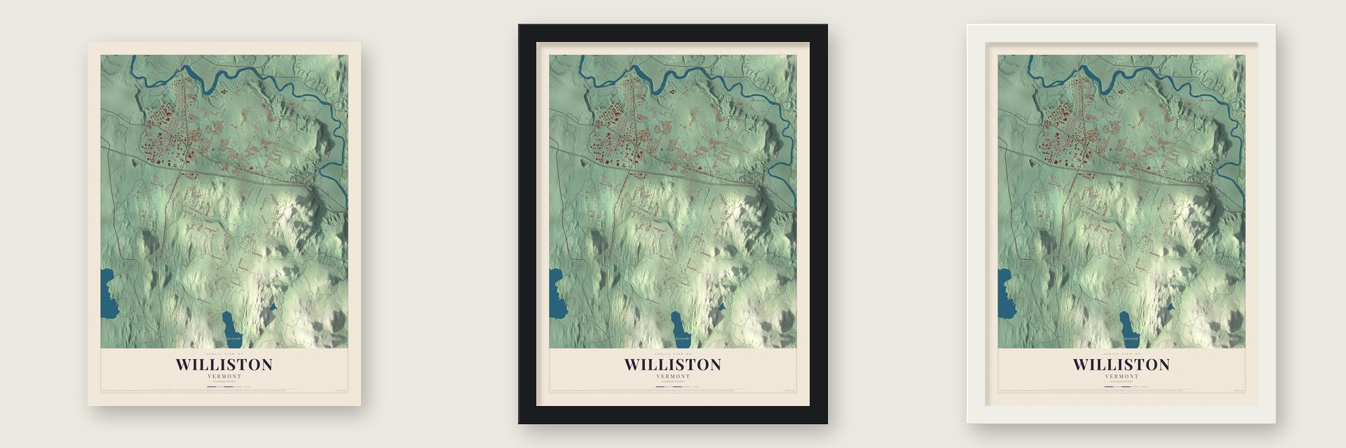 Williston, Vermont map unframed, in a black wood frame and in a white wood frame