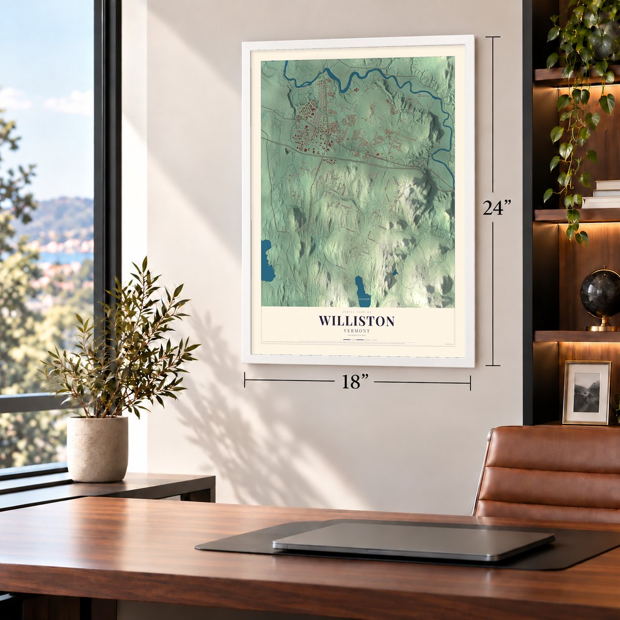 Williston, Vermont map, 18 x 24 inch print in a white frame in a home office