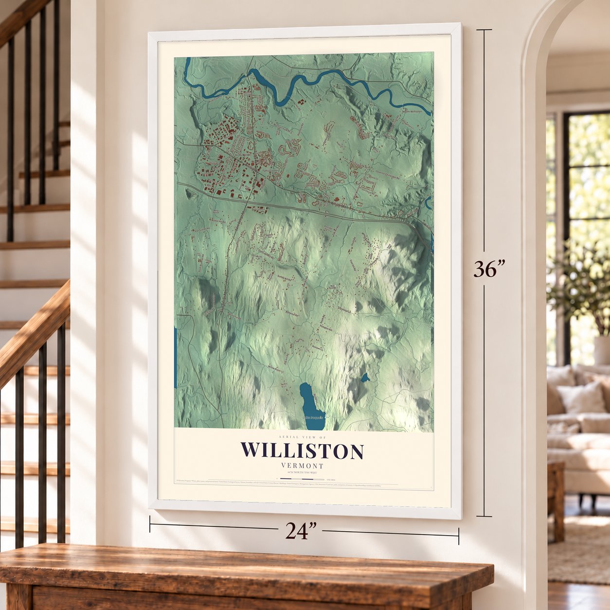 Williston, Vermont map, 24 x 36 inch print in a white frame by a staircase