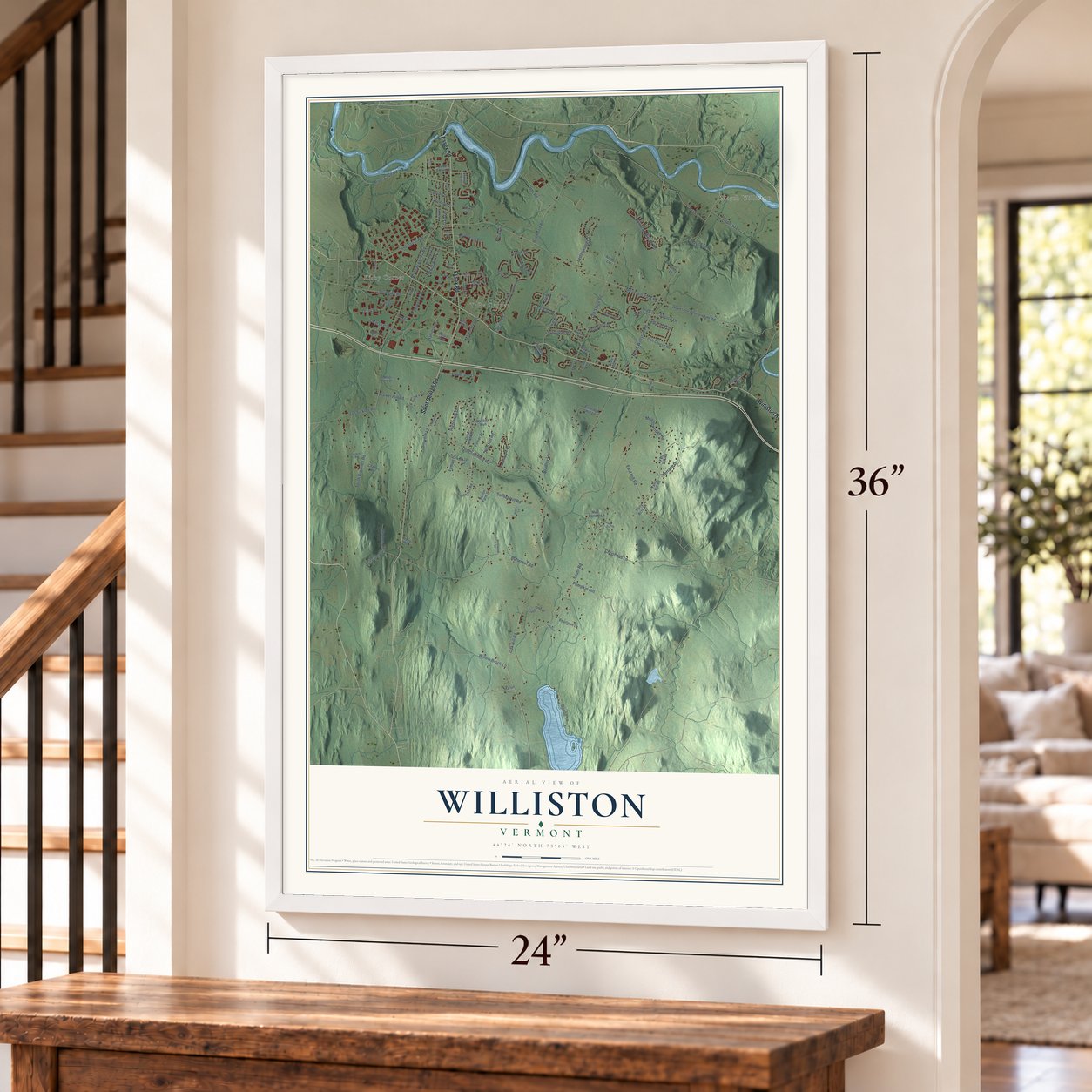 Williston, Vermont map, 24 x 36 inch print in a white frame by a staircase
