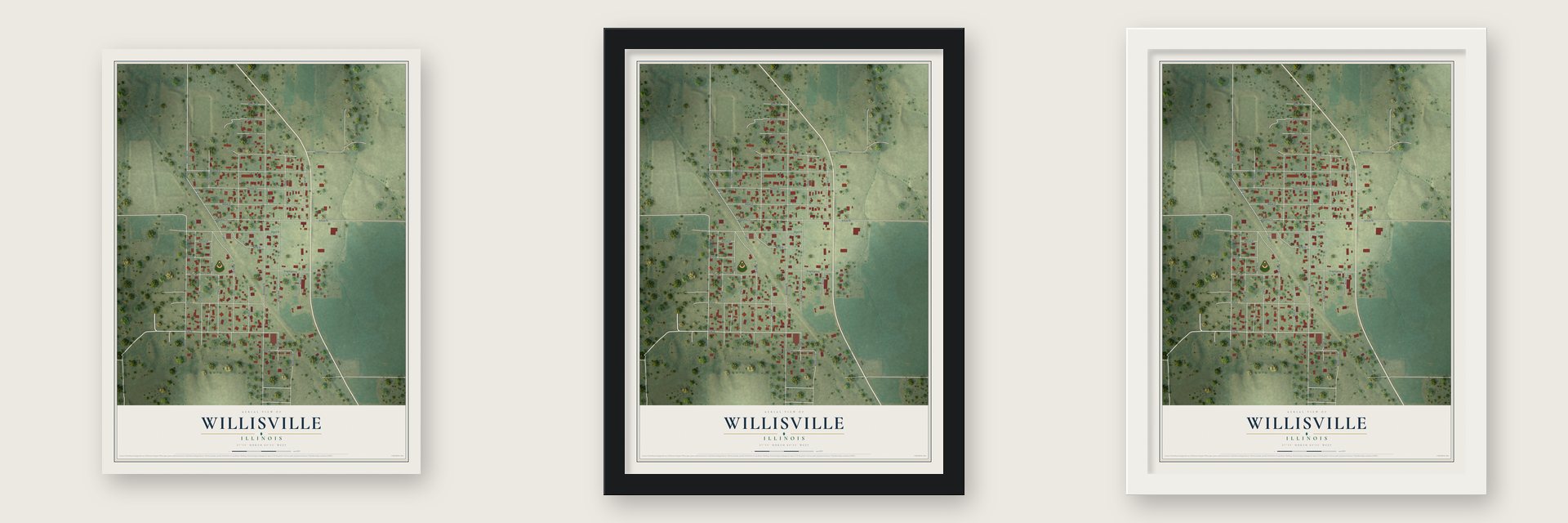 Willisville, Illinois map unframed, in a black wood frame and in a white wood frame