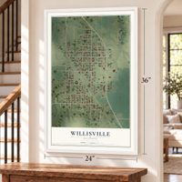 Willisville, Illinois map, 24 x 36 inch print in a white frame by a staircase