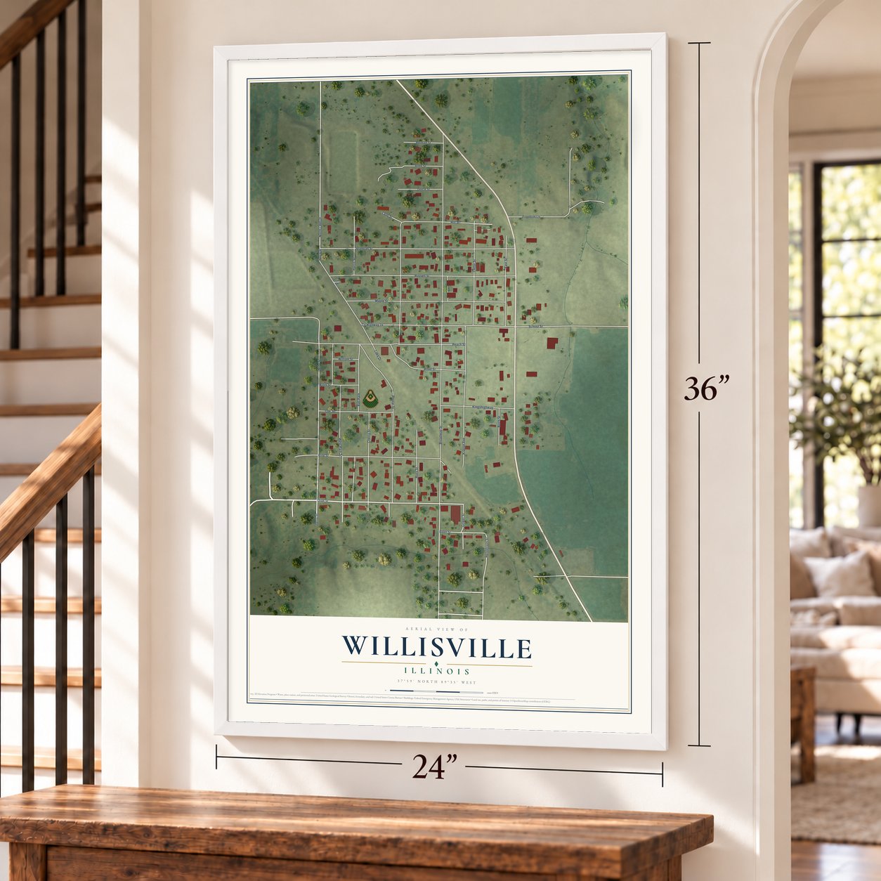 Willisville, Illinois map, 24 x 36 inch print in a white frame by a staircase