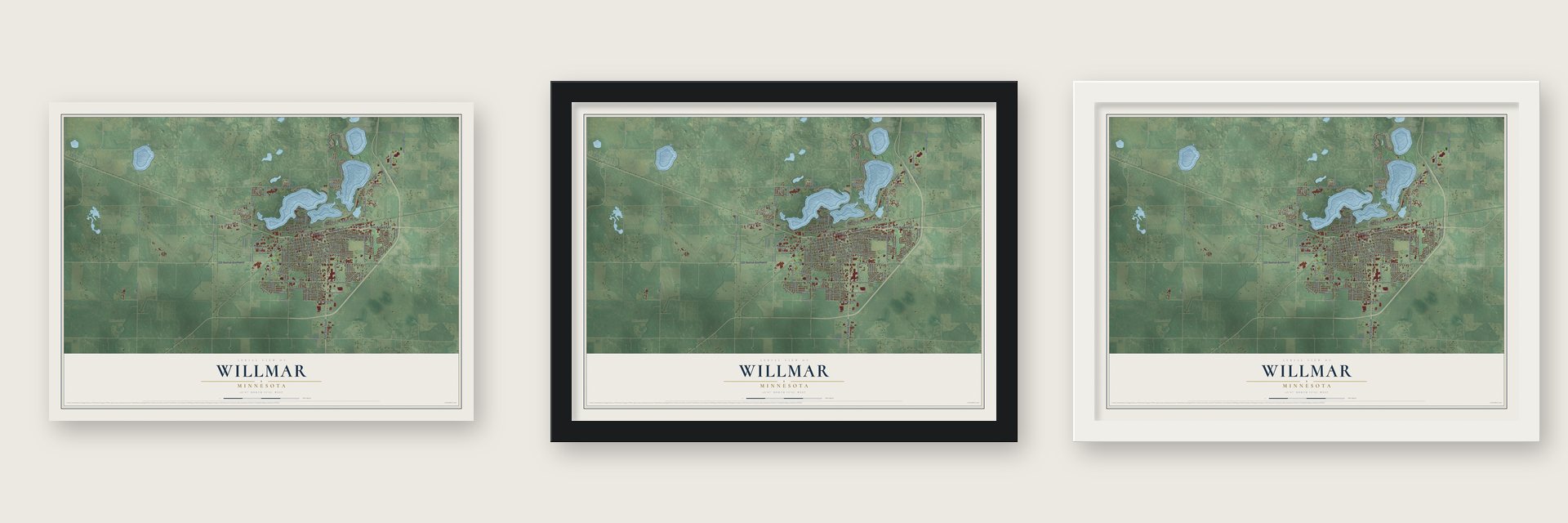 Willmar, Minnesota map unframed, in a black wood frame and in a white wood frame
