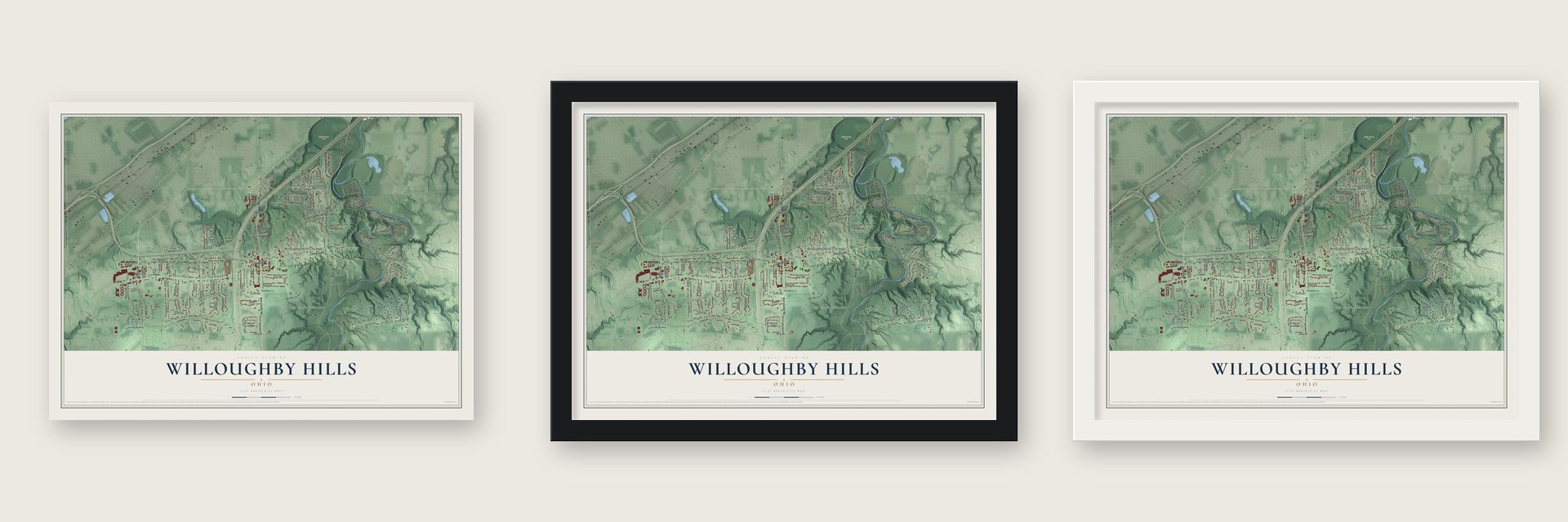 Willoughby Hills, Ohio map unframed, in a black wood frame and in a white wood frame